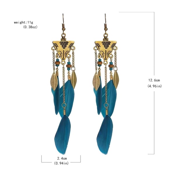 ⭕️BOGO FREE⭕️ Blue boho earrings with gold triangles and feathers / NWOT - Picture 5 of 6